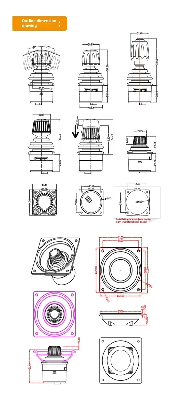 DIKAMAN Joystick, Joystick for visione artificiale, a due assi con limite quadrato SMC35A industriale, Hall lineare(5V output analog 0.3-4.7V)