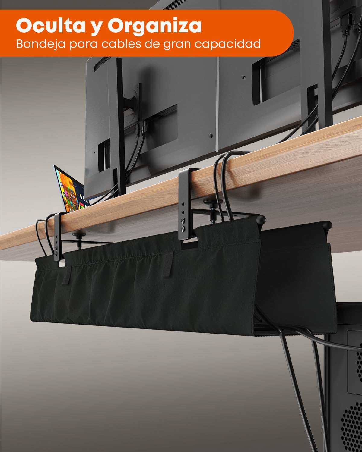 91cm Organizador Cables Escritorio Sin Taladro para Hogar y Oficina, Negro | Tela Estable, Fijación Pinzas/Tornillos, Acceso Fácil & Orden Individual, Adaptado Adaptadores & Cables Variados