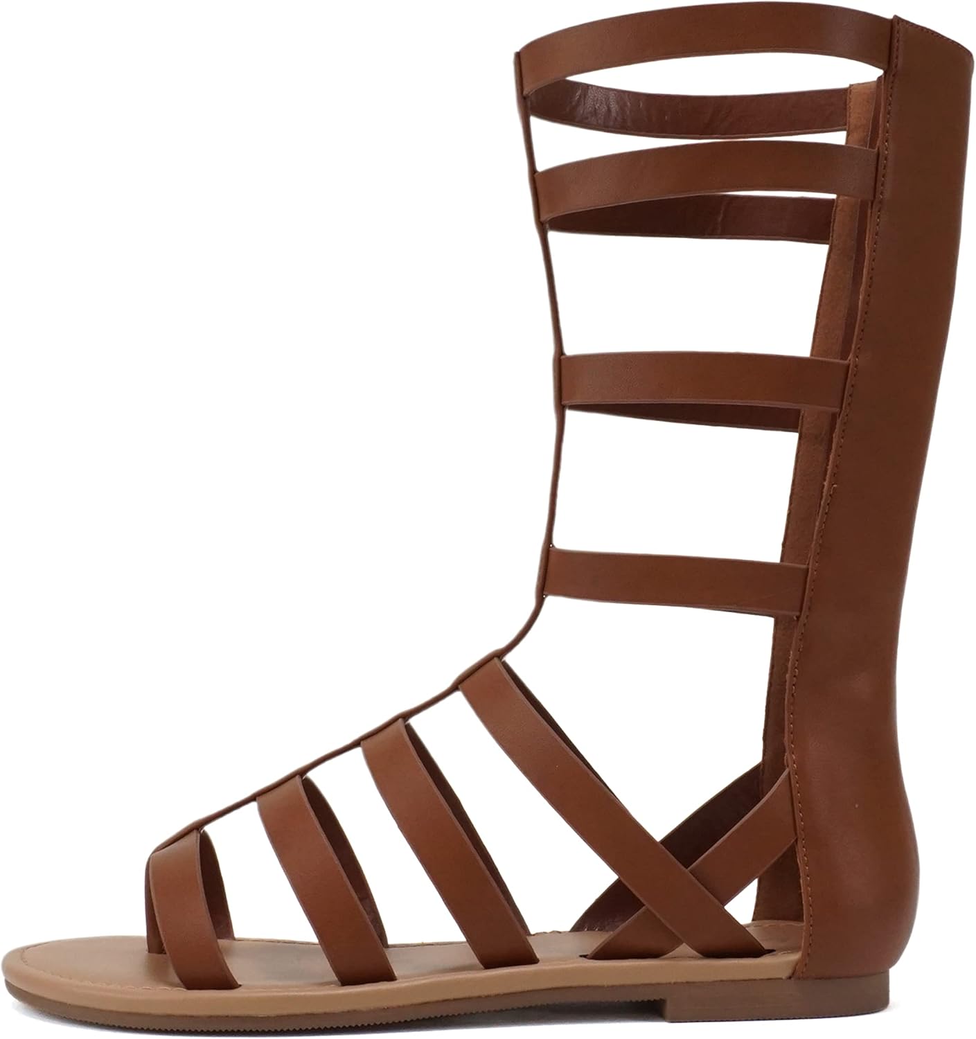 Soda MOXIE ~ Women Open Round Toe Mid-Calf Height Flat Gladiator Sandal (Cognac PU, us_footwear_size_system, adult, women, numeric, medium, numeric_9)