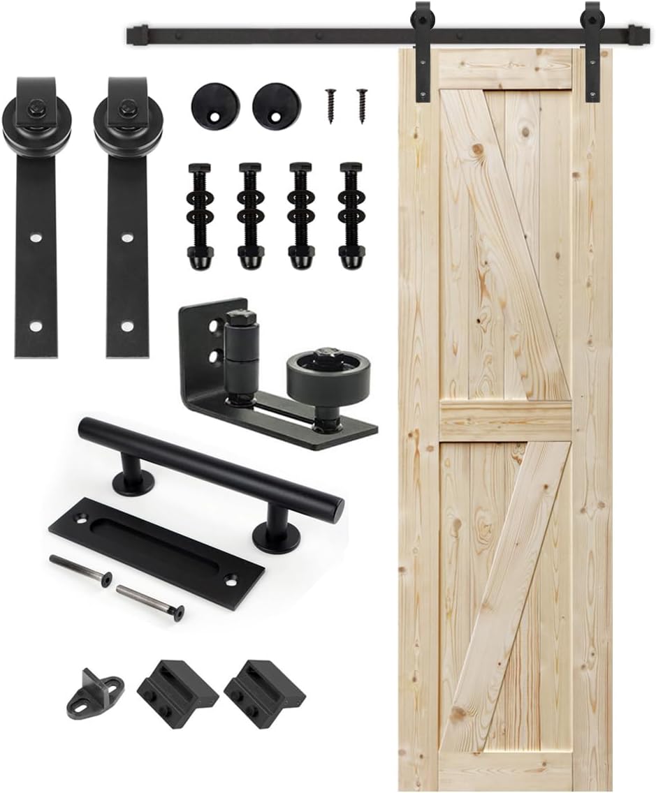 S&Z TOPHAND 20 in. x 84 in. Unfinished British Brace Knotty Barn Door with 4FT Sliding Door Hardware Kit/Solid Wood/Sliding/Double Surfaces/A Simple Assembly is Required (20, Door+J Shape)