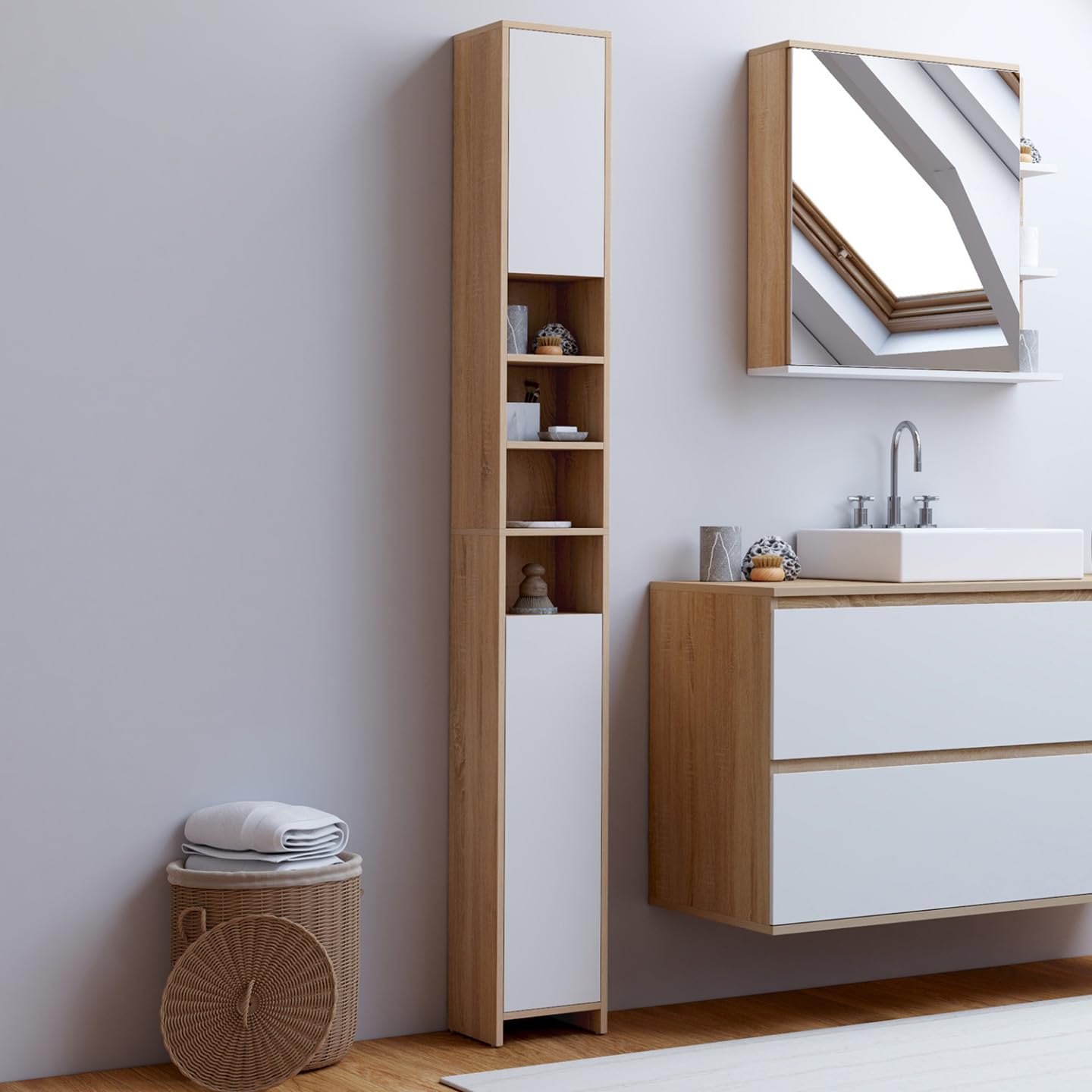 IDMarket - Meuble Colonne Salle de Bain TOMI 2 Portes 4 niches façon hêtre et Blanc
