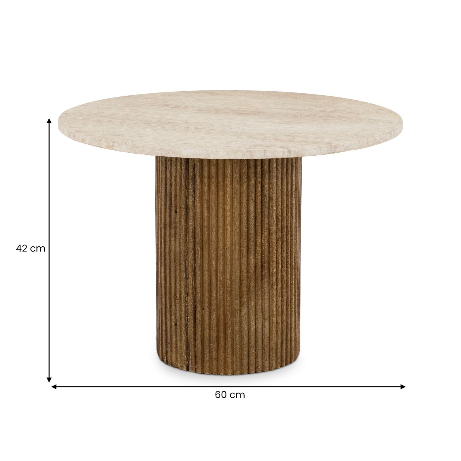 IDIMEX Couchtischset NARMADA/Mandi mit Tischplatte aus Travertin, Braun/Beige - Runder Beistelltisch im 2er Set, rundes Holzgestell aus Mangoholz, Wohnzimmertisch, Coffee Table
