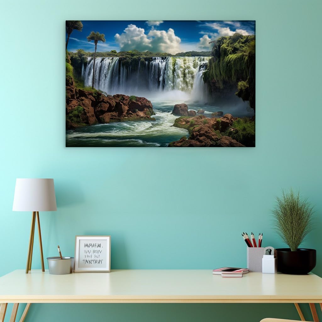 Canvas for Living room. Majestic Waterfall Serenity Amidst a Cloud-Kissed Sky, 27 x 18 inch Canvas Wall Art - Contemporary Masterpieces - Modern Home Decor