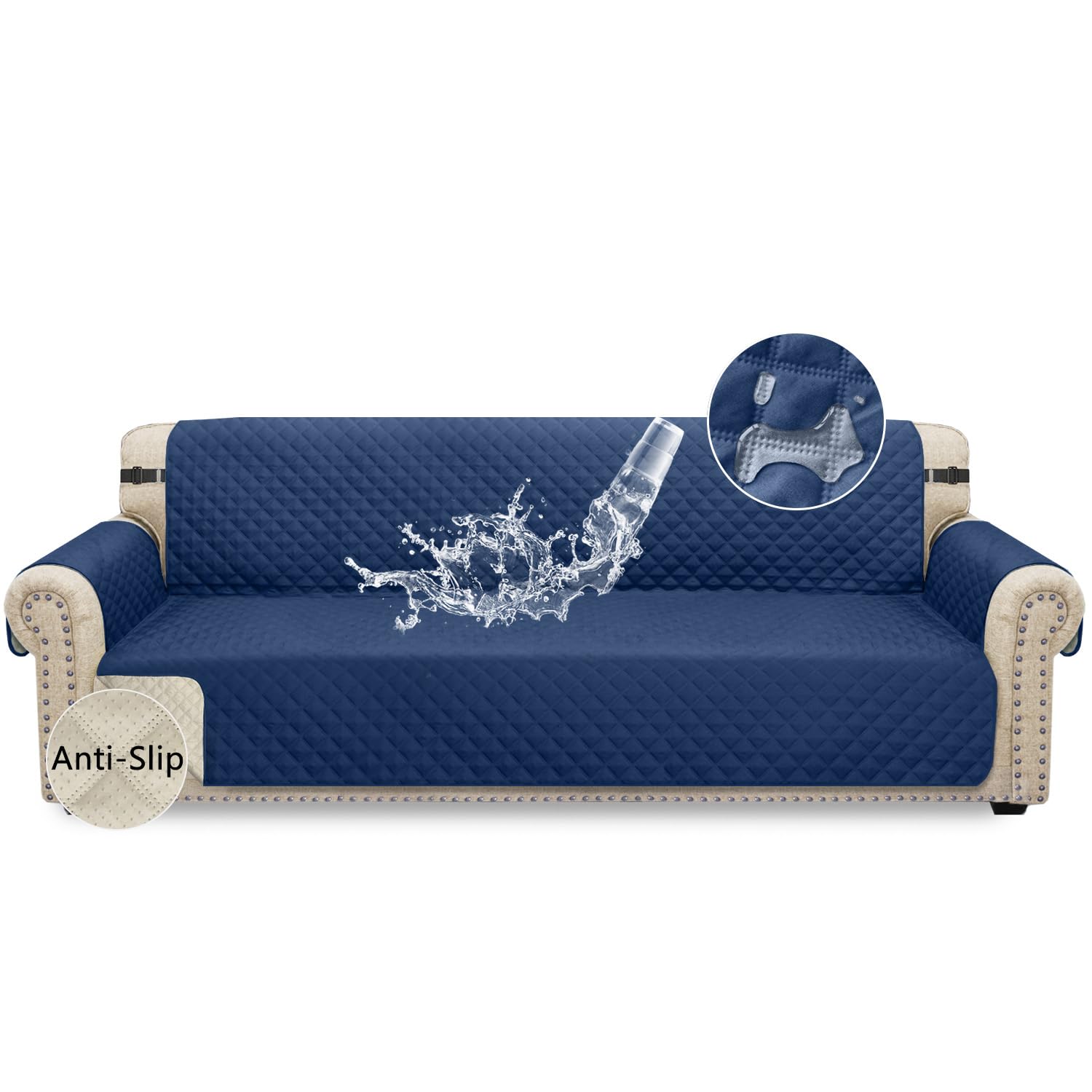 Granbest Waterproof Oversized Sofa Cover 4 Seater Non-Slip Extra Large Sofa Slipcover with Elastic Straps, Washable Sofa Protector for Kids, Pets, Dogs Four Seasons Universal (4 Seater, Navy Blue)