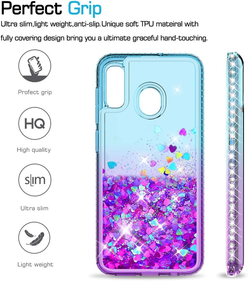 LeYi Compatible with Samsung Galaxy A20 Case, Galaxy A30 Case with 2PCS Tempered Glass Screen Protector for Girls Women, Glitter Clear Phone Case for Samsung A30/ A20 Teal/Purple