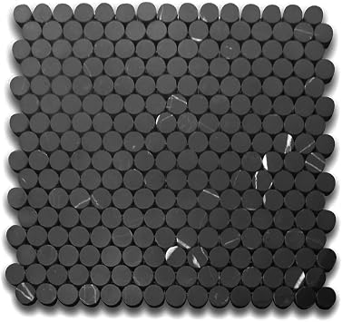 Stone Center Online Nero Marquina Black Marble 3/4 inch Penny Round Mosaic Tile Polished Kitchen Bath Wall Floor Backsplash Shower 1 Sheet