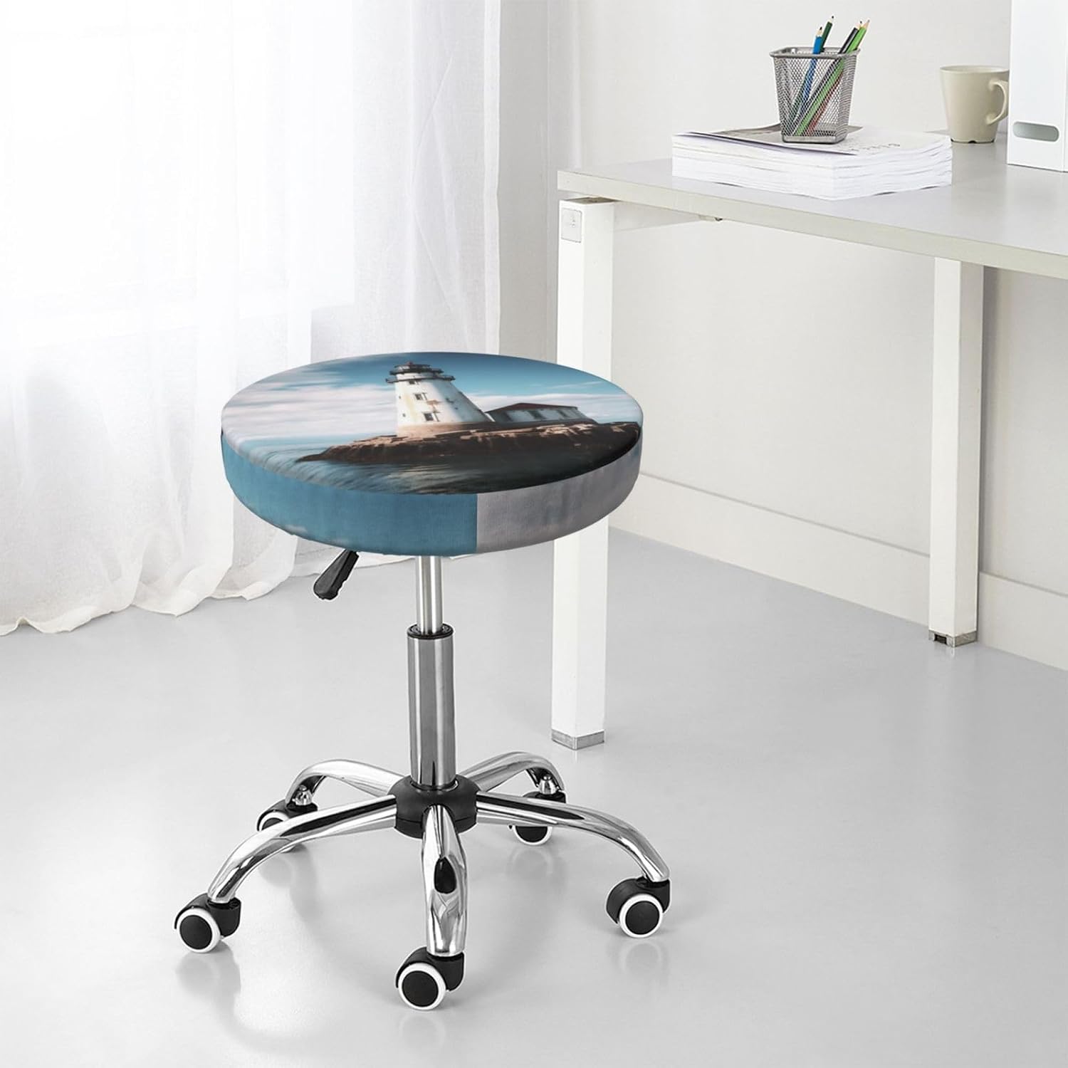 Bar Stool Cover Round Elastic Stool Cushion Covers Light House Ocean Bar Chair Cover Washable Stool Cushion Slipcover Stretch Stool Seat Covers for 12-14 Inch Chair