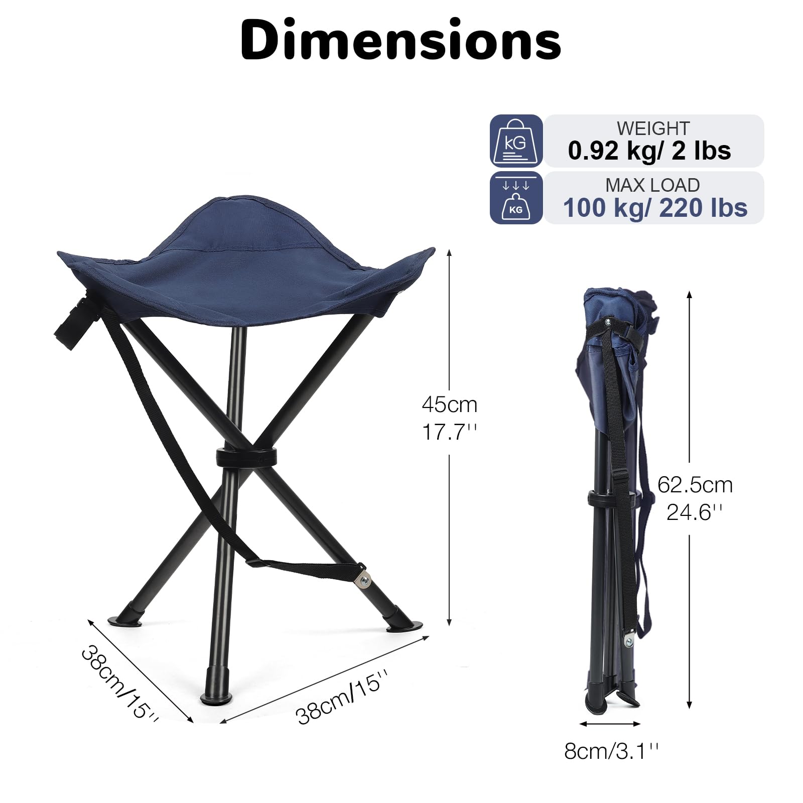 Taburete trípode plegable portátil de 45 cm, ideal para camping, pesca, senderismo, color azul