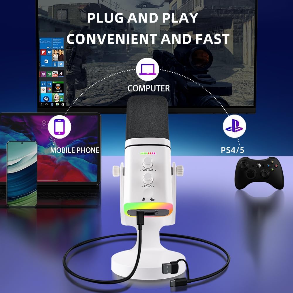 YU8-white Dynamic Microphone - USB/XLR RGB Mic with Echo Adjustment, Mute Key & Monitoring Jack, Desktop Microphone for PC Gaming, Streaming & Chat