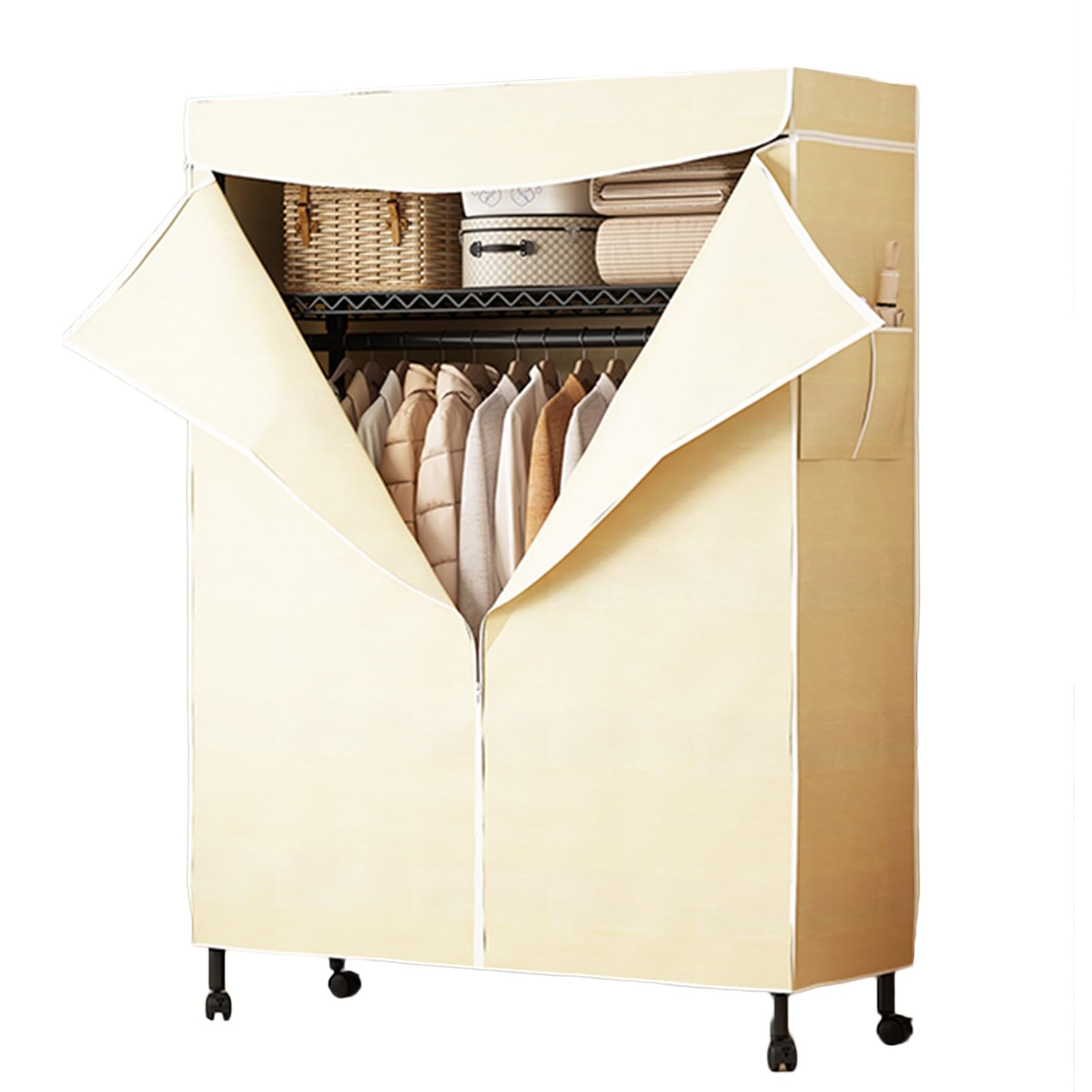 Armarios portátiles beige de 120x45x175 cm con estantes móviles y tapas colgantes para ropa