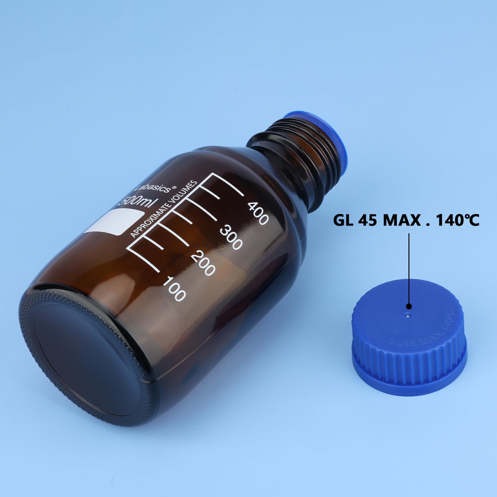 Labasics Reagenz Medien Vorratsflaschen, 1 Pack Bernsteinfarbene Glas Graduierte Runde Flaschen für Labor Reagenz Medienlagerung mit Blauer Schraubkappe, 500 ml