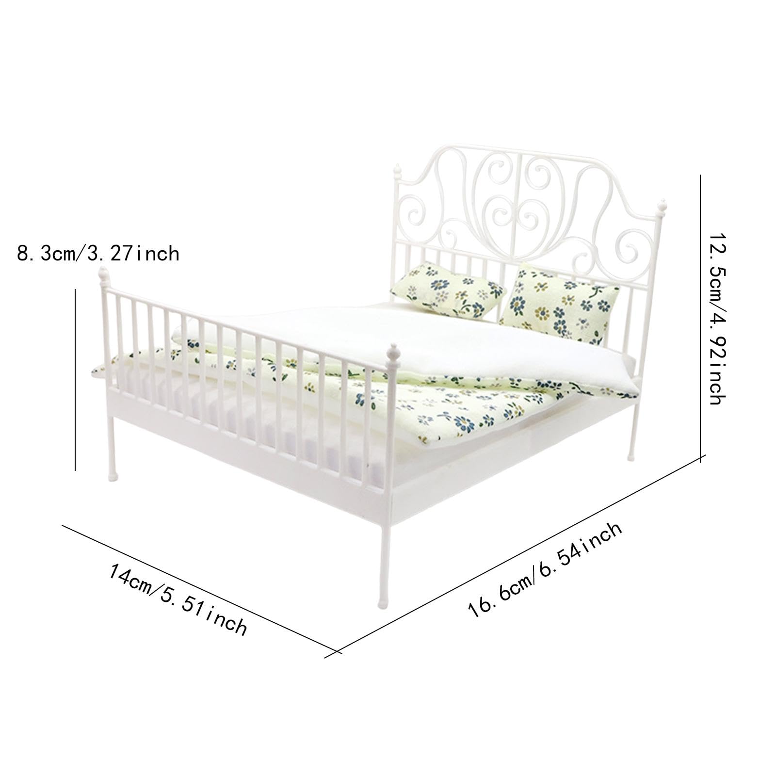 Mini Letto Matrimoniale Accessorio Casa delle Bambole Mobile in 1 12 Modello Decorativo da Camera Struttura in Ferro Adatto per Fotografia, Bianco