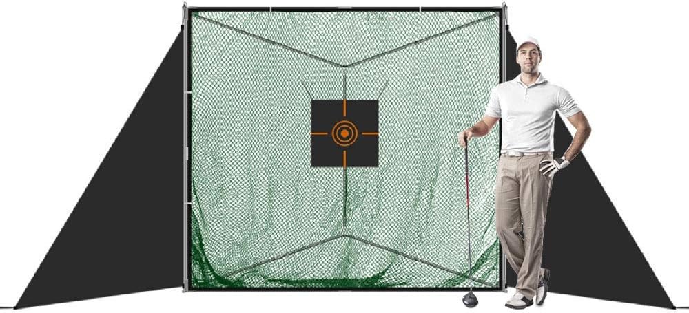 7’ x 6’8” x 7’ Portable Golf Practice Hitting Net with Triangle Stand, Practice Golfing Indoors and Outdoors, Safety Wings Target Aid and Carrying Bag