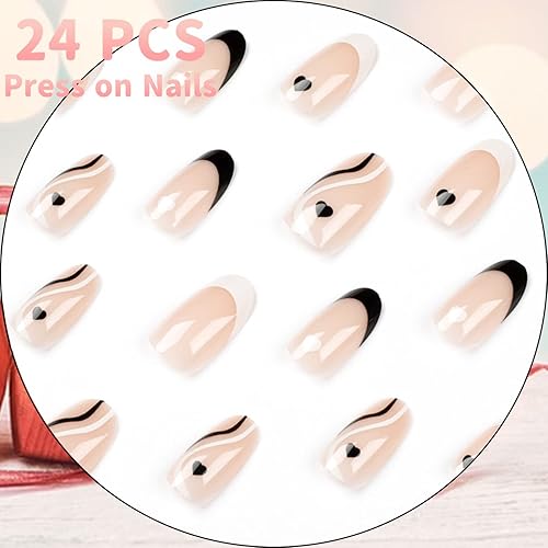 Miniatura 2 de 24 uñas postizas de San Valentín de longitud media uñas postizas de almendra blancas y negras puntas francesas con diseño de corazón uñas postizas