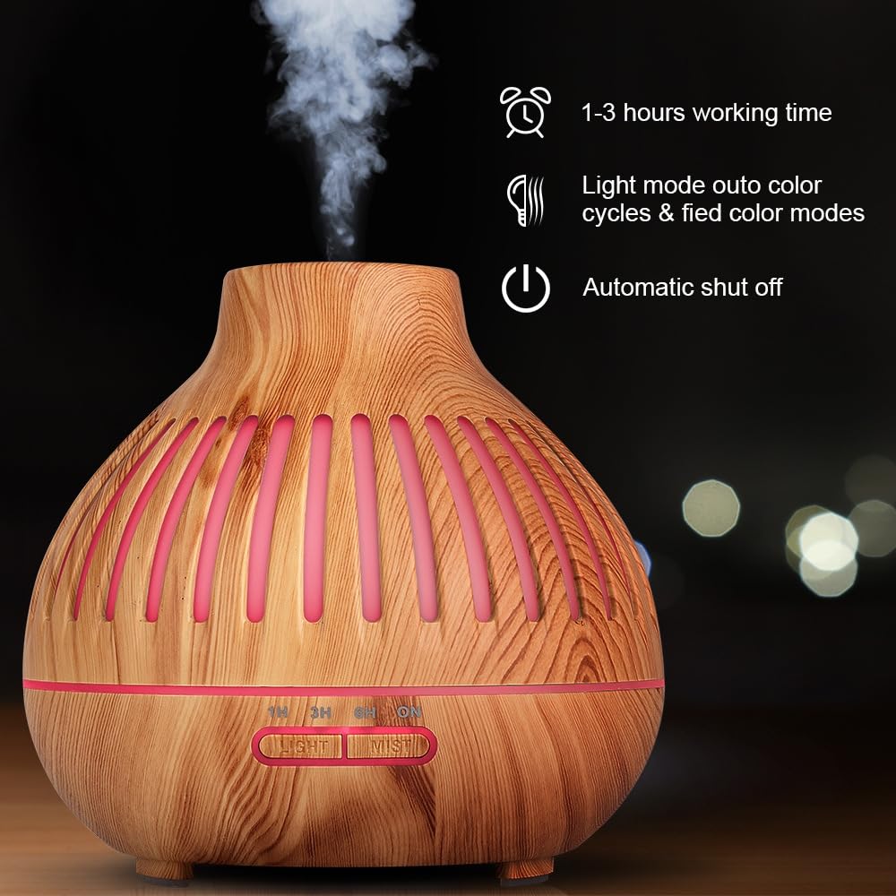 Essential Oil Diffuser, Aromatherapy Diffuser 500ml with Remote Control, 4 Timer & Auto-Off Safety Switch, 7 Color LED Lights Mode, 10 Hours Quiet Humidifier for Bedroom, Office & Home (G.Light Brown)