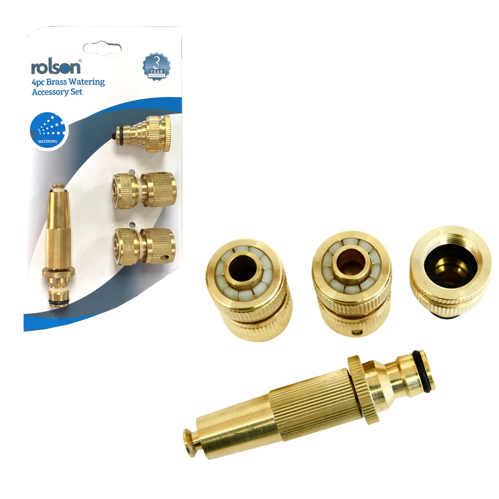 Rolson 4pc Brass Watering Accessory Set with Quick Connect Fittings and Adjustable Spray Nozzle