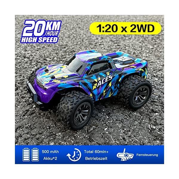 ACAMMZAR AT1 Ferngesteuertes Auto, RC Auto fÃ¼r Jungen 60+min Laufzeit mit 2 Akku, 2WD 2.4GHz Offroad Elektrisches Spielzeugauto mit LED Lichtern Geschenk fÃ¼r 6 7 8 jÃ¤hrige Kinder Erwachsene, Violett – Bild 3
