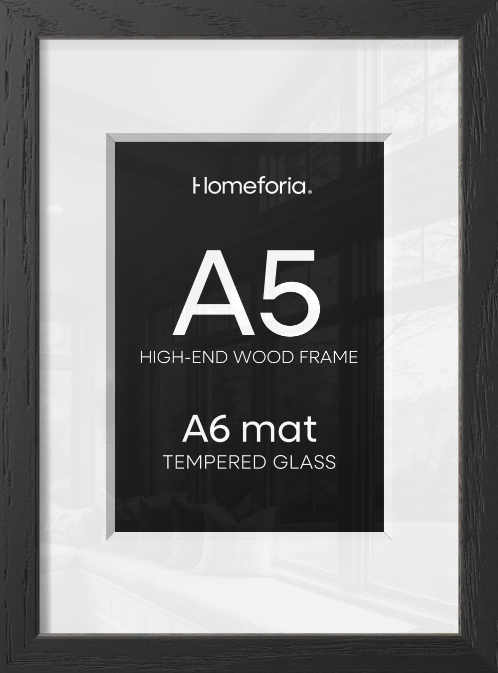 Homeforia A5 Black Oak Picture Frame, High-End Wood, A6 Mat, Glass | High End Solid Oak Wood, Tempered Glass, Acid-Free A6 Removable Mat, A5 Edge-to-Edge Display, Wall Kit, Set Of 1