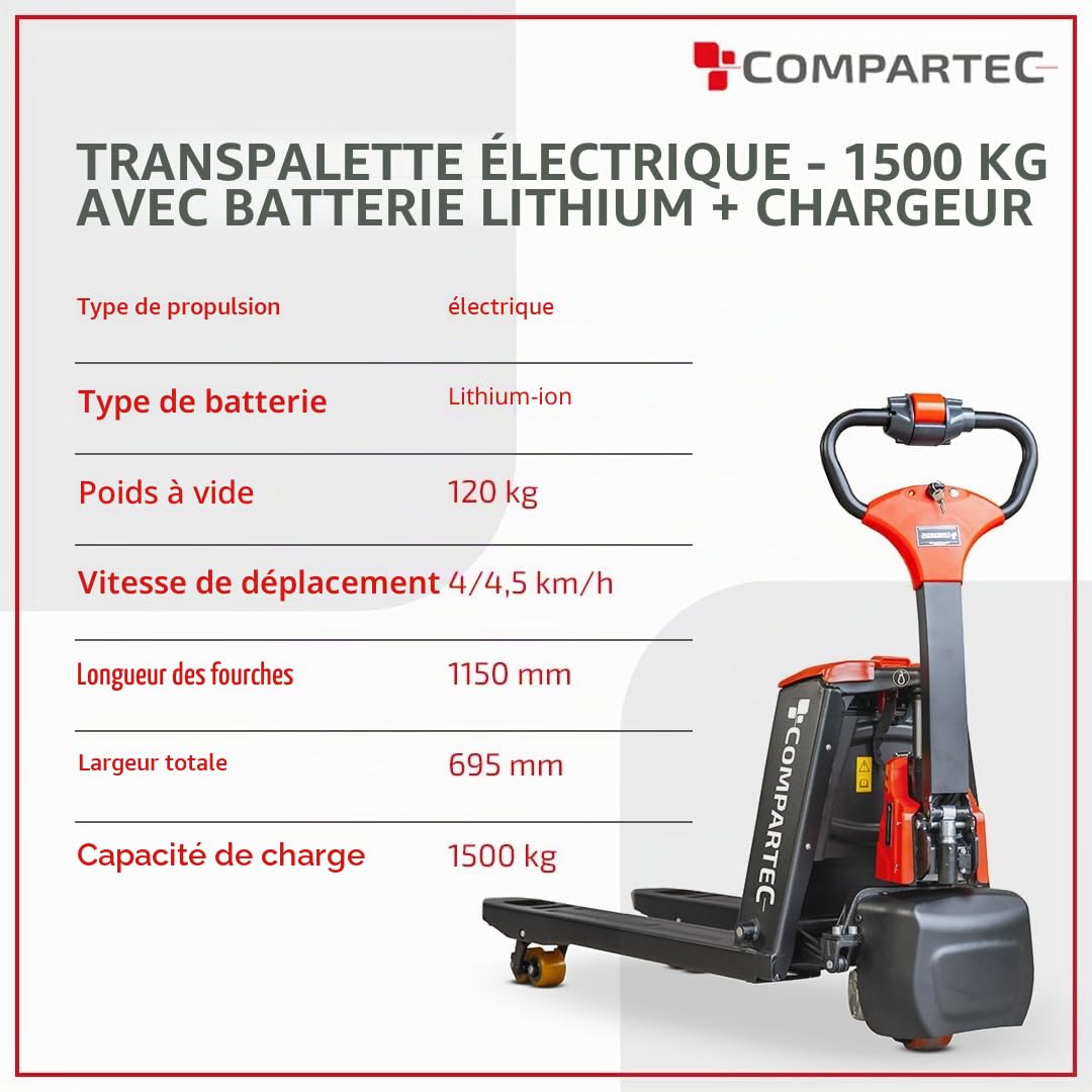 Chariot élévateur électrique : Compartec F3 - Batterie lithium-ion, charge de 1500 kg, longueur de fourche 1150 mm. - Norme industrielle - Performance et efficacité fiables - Idéal pour les entrepôts