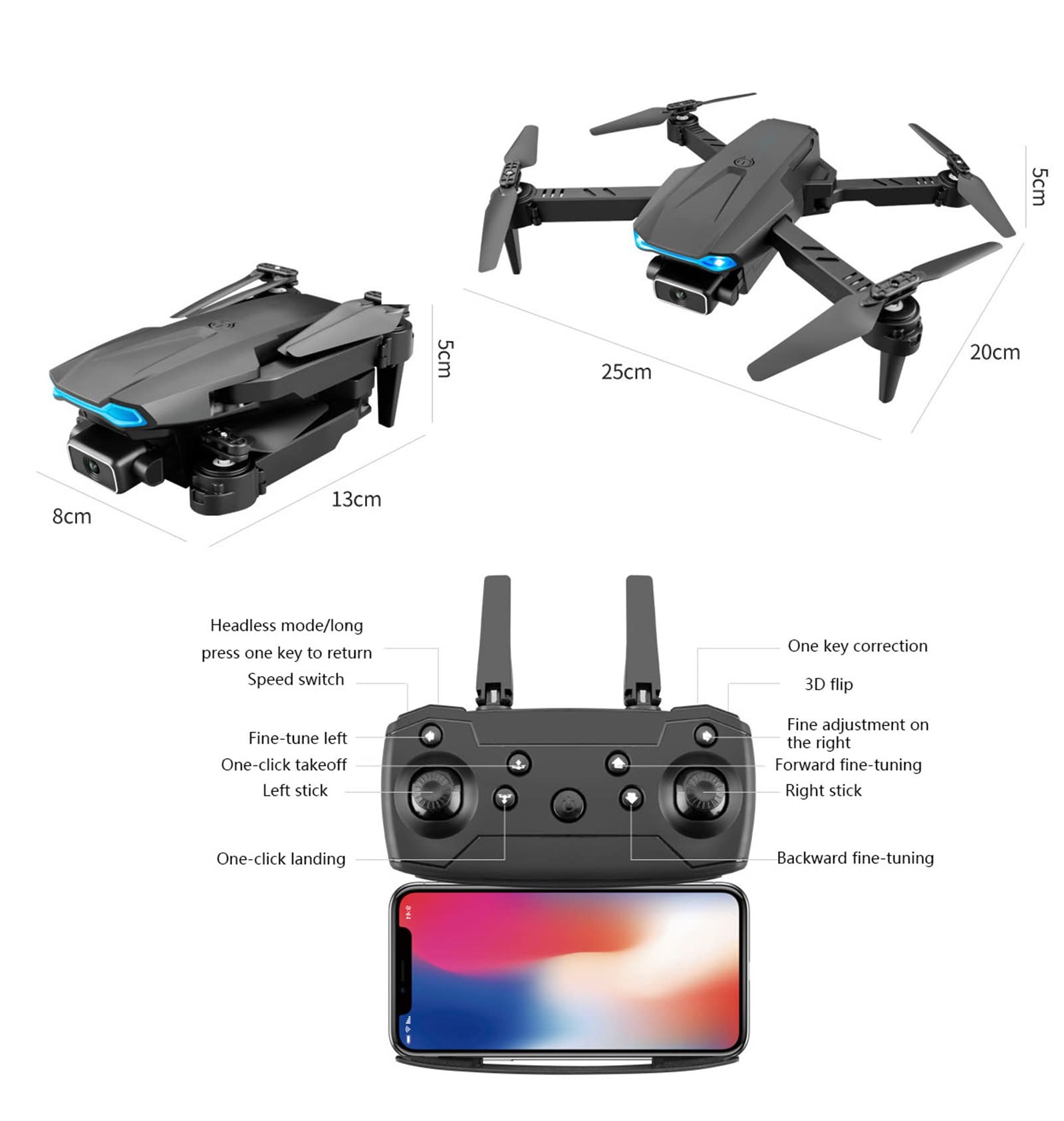 Drone, sk艂adany dron z dwoma kamerami 4K, 50-krotny zoom, fotografowanie z zoomem obiektywu mo偶na przeprowadzi膰 za po艣rednictwem aplikacji, produkcja MV mo偶e zosta膰 utworzona natychmi