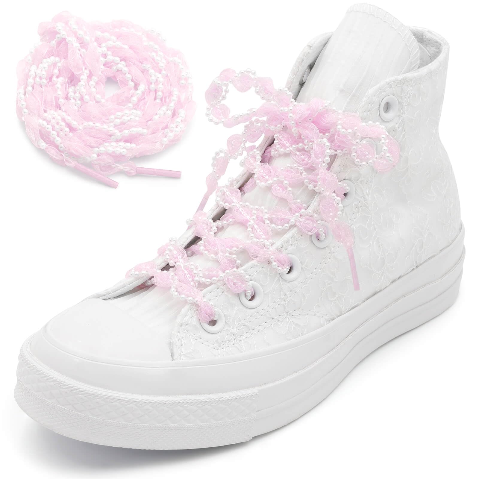 WEGOODZF Pearl Tulle Shoe Laces: 2 Pairs Flat Pearl Border Sheer Shoelaces for Women