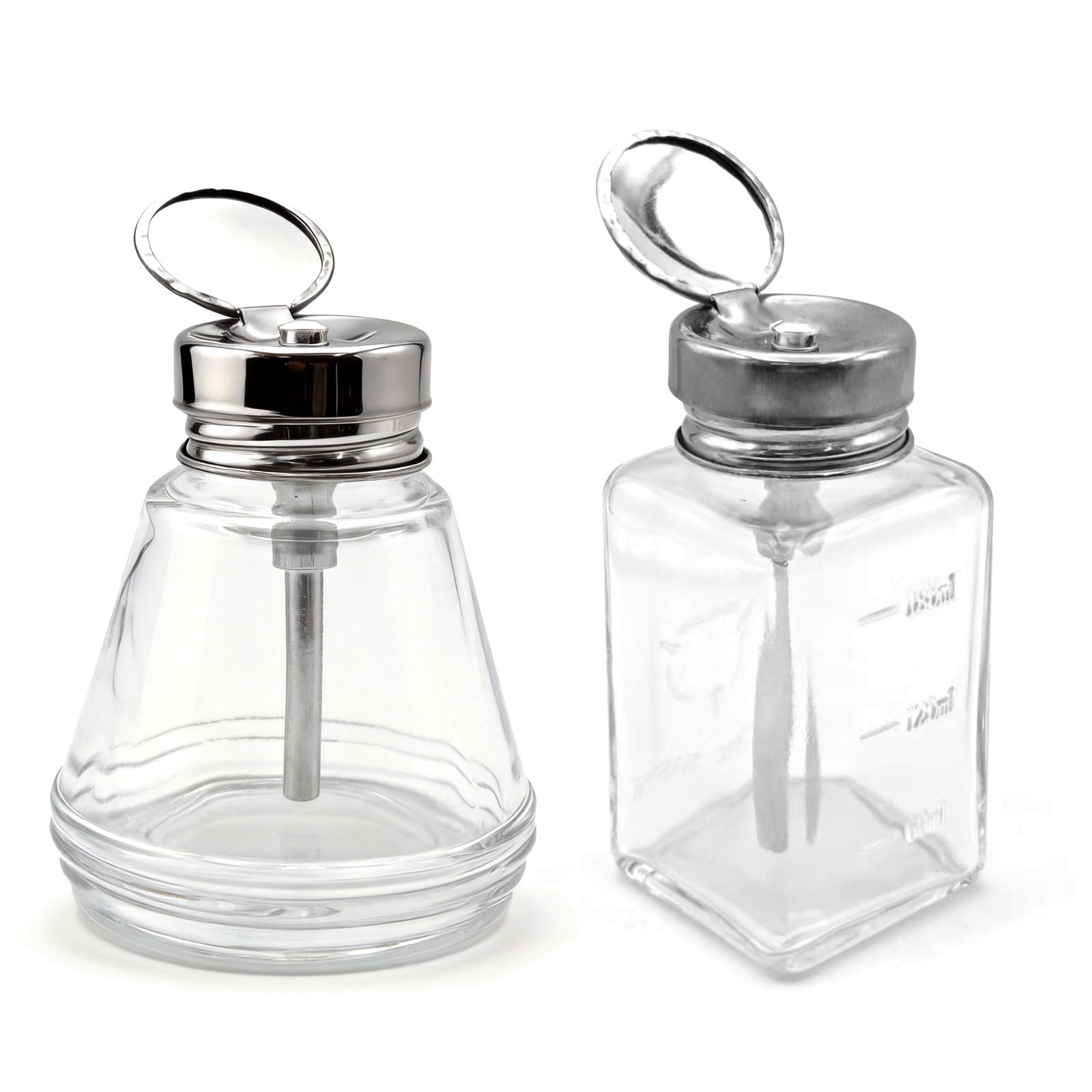 View 1 of 2 Pcs 6 Oz/ 180 ml Clear Pump Dispenser Bottle with Metal Flip Cover Glass Nail Polish Remover Push Down Dispenser Bottle Refillable Push Down Pump Dispenser Press Container for Makeup Remover
