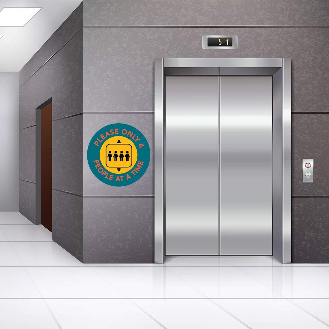 Andaz Press Elevator Social Distancing Maximum Occupancy Please Only 4 People At A Time Business Signs, 50 Labels, 10-Pack 8" Round Labels + 40-Pack 2" Circle Vinyl Sticker Decals