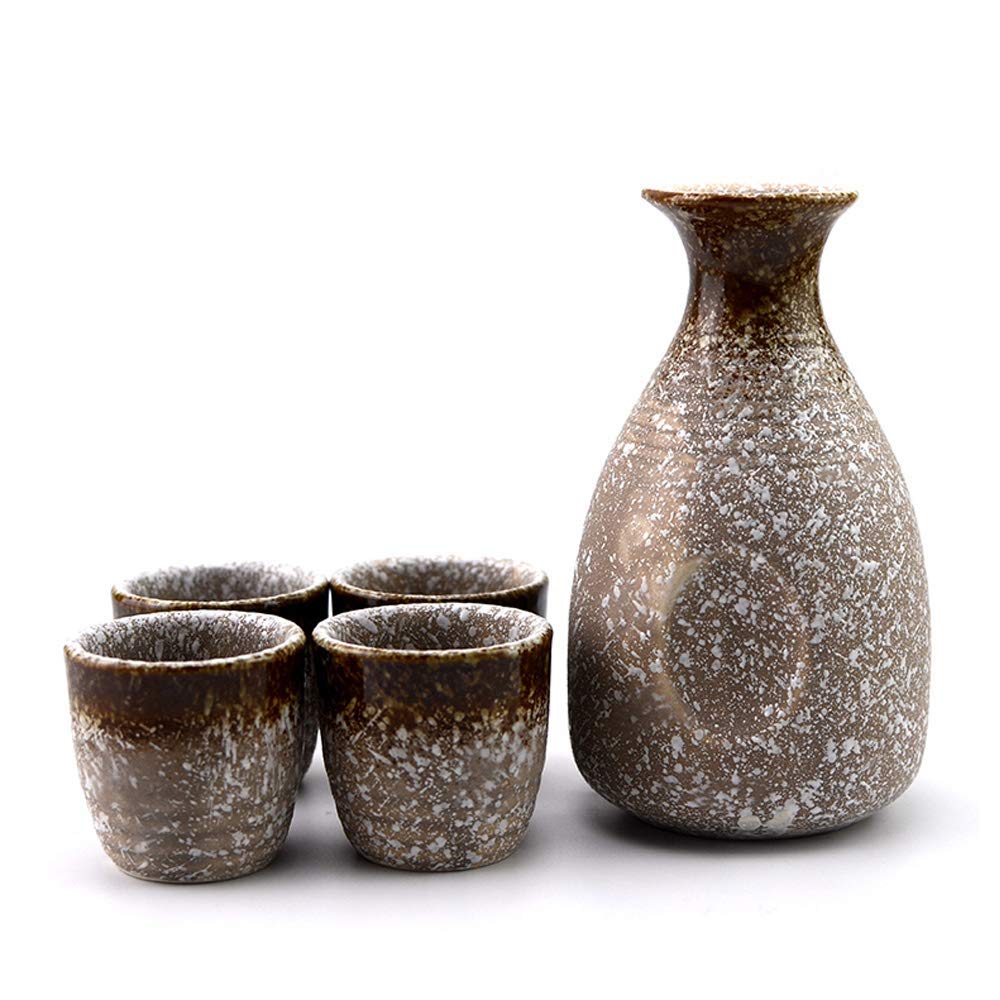 MRKU Service à saké 5 pièces, Ensemble de Tasses à saké japonaises de 10 oz, Tasses en céramique au Design Marron, Texture pittoresque, pour thé Shochu Chaud et Froid, Meilleur Cadeau pour la Famille