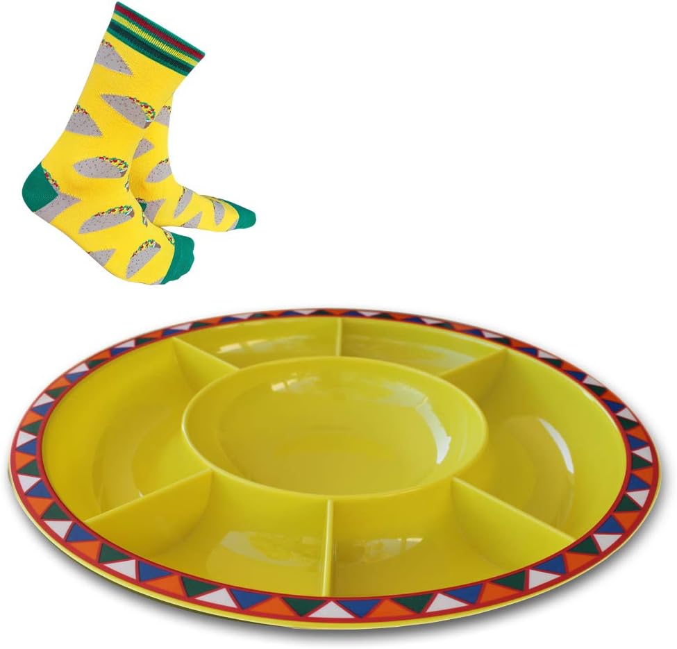 Serving Platter for Parties Large Divided Tray, Plate for Taco Chips and Dip, Snacks with Taco Socks. Durable and High Quality Melamine Plastic