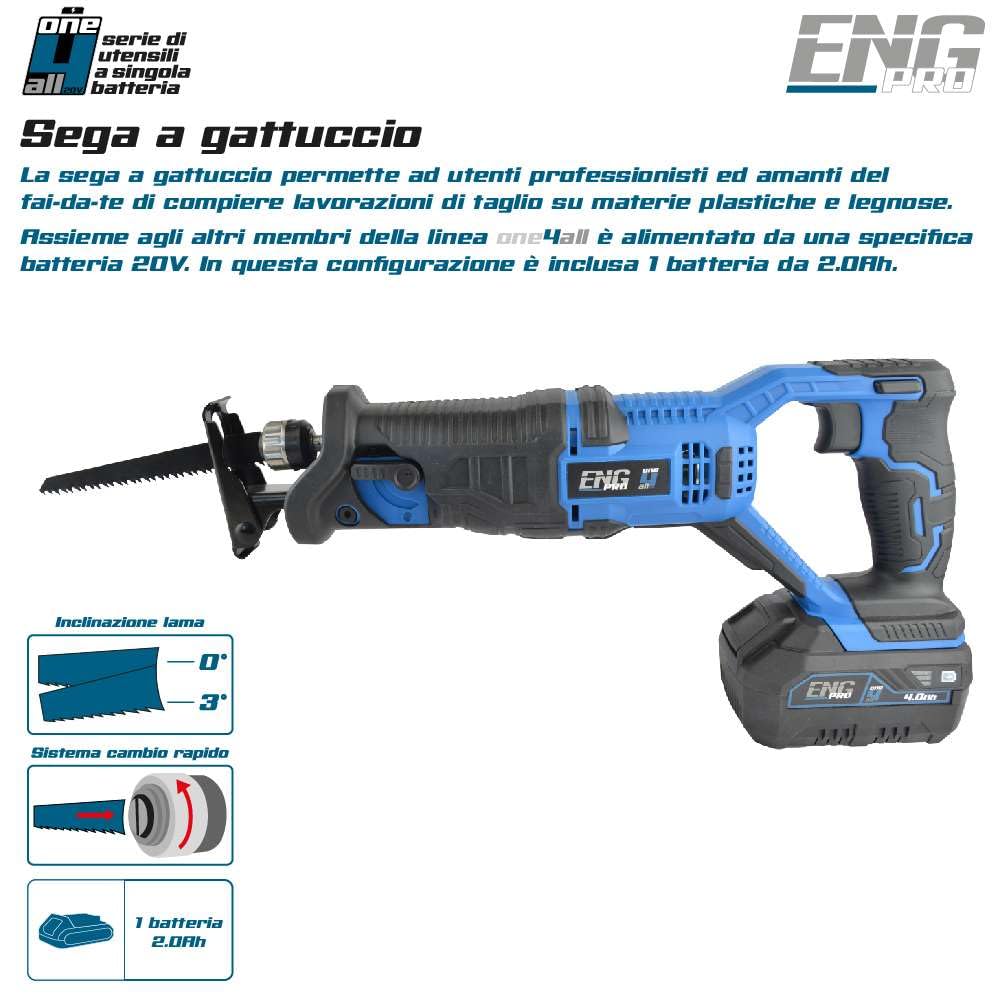 Sega A Gattuccio - Linea Professionale Monobatteria ONE4ALL 20V - Velocità 3000 rpm Capacità Taglio 115mm, Lama per legno + 1 Batteria 2.0Ah e Caricabatteria inclusi - ENG PRO
