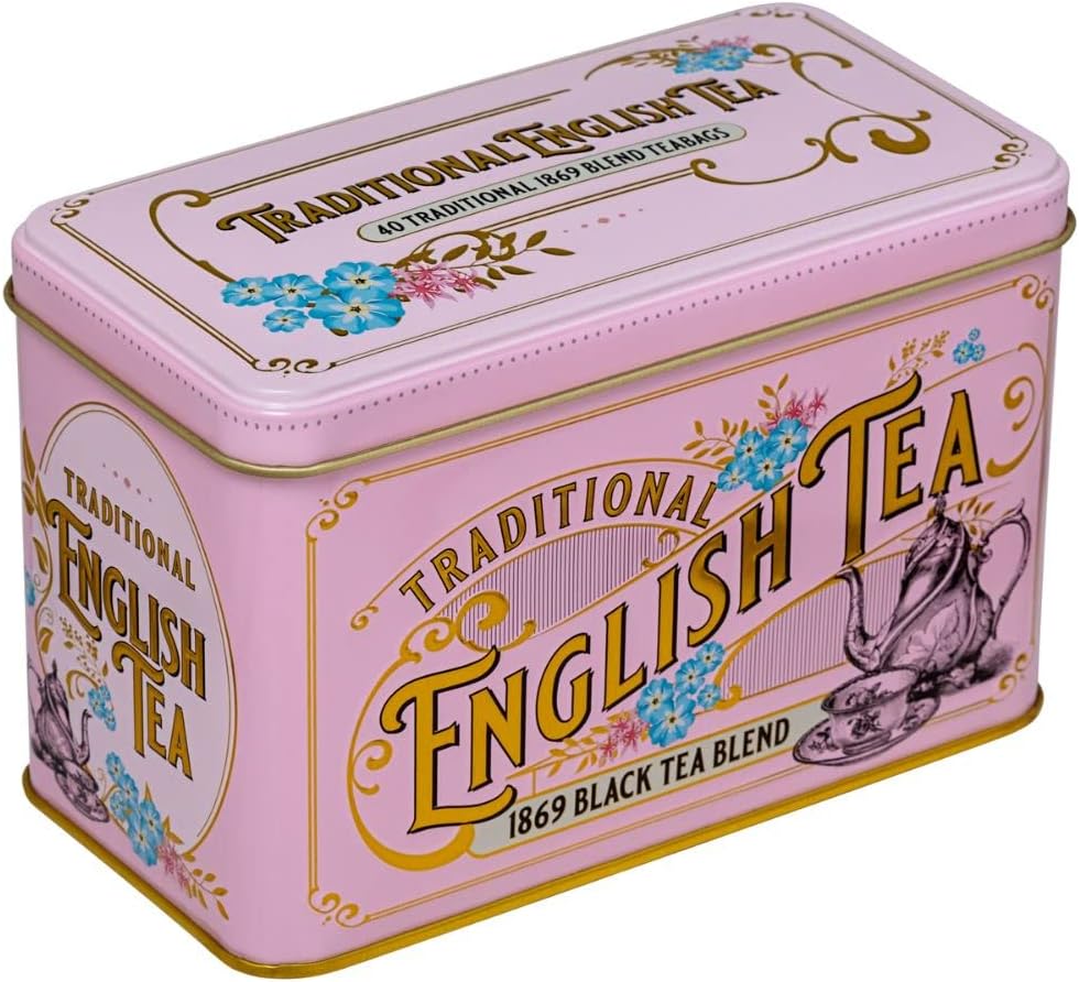 Vintage Victorian Tea Tin in Pink with 40 English Breakfast 1869 Blend Teabags