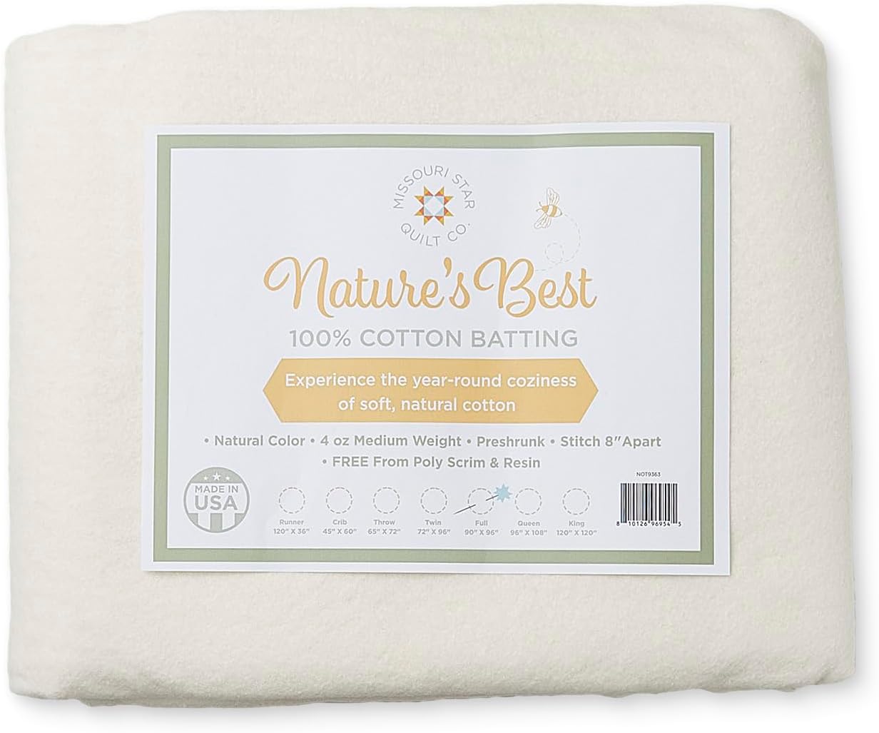 Quilt Batting Full Size 90" x 96" | 100% Cotton – No Poly Scrim or Resin | Medium Weight Batting Roll for Stuffing Blankets and Quilting Supplies