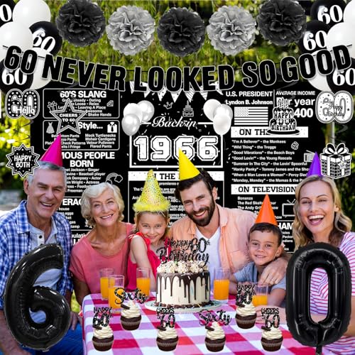 Image of Crenics Black 1966 60th Birthday Decorations for Men Women | Back in 1966 Backdrop, Banner, Paper Pom Poms, Hanging Swirls, Cake Topper and Balloons for 60 Birthday Party Supplies