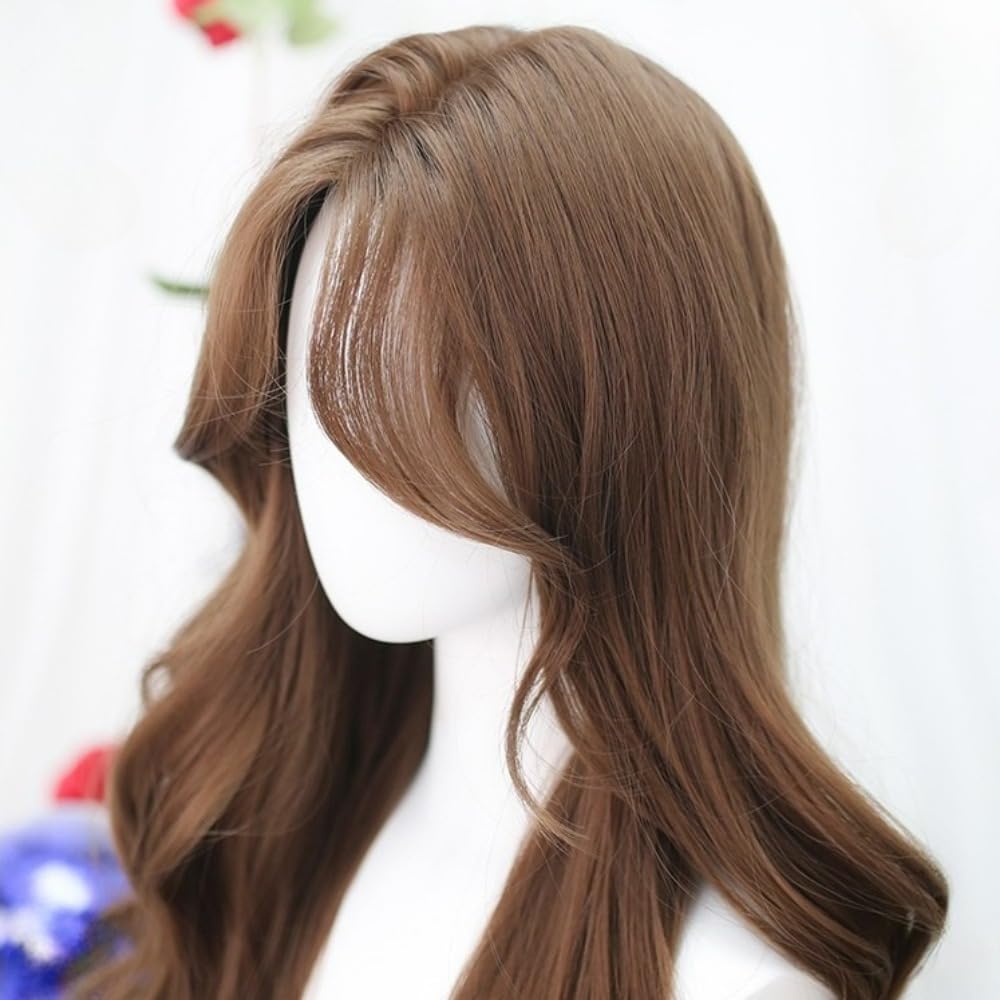 SCORRO Black,Pink,Brown Wig with Curtain Bangs Long Curly Wavy Hair Lolita Cute Harajuku Wig Full Headband Natural Fluffy Curls Women's Wig for Daily Wear, Cosplay, Party (honey brown)