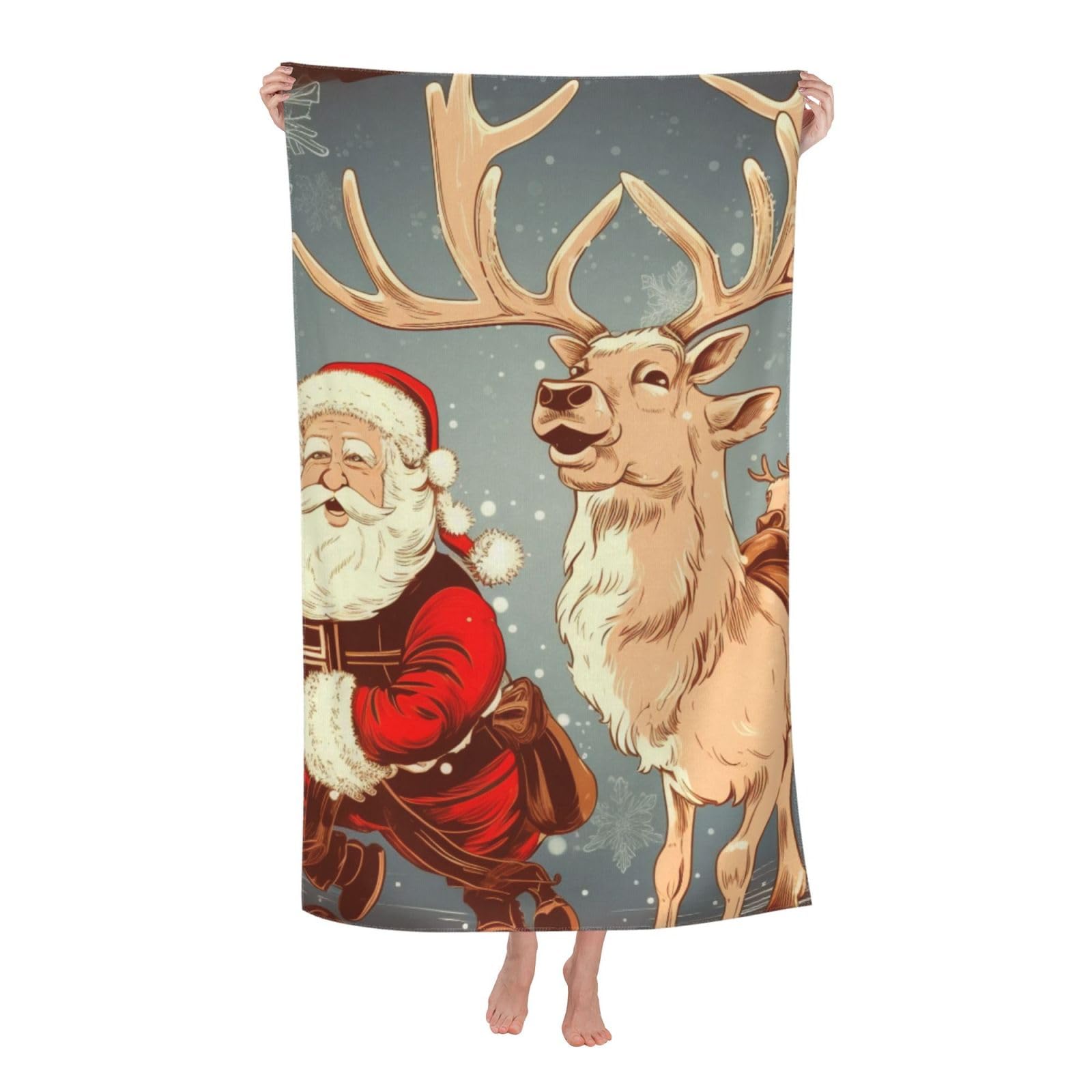 BWWHCCTI Santa Claus and Deer Elk Printed Quick Dry Bath Towel, Soft Microfiber Towels Fast Drying Beach Towels for Travel,Camping,Gym,Swimming,Yoga