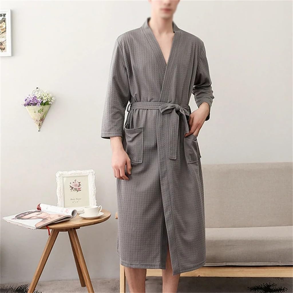 メンズバスローブワッフルローブパジャマスリープウェアパジャマレジャー韓国版春秋冬(グレー-XL