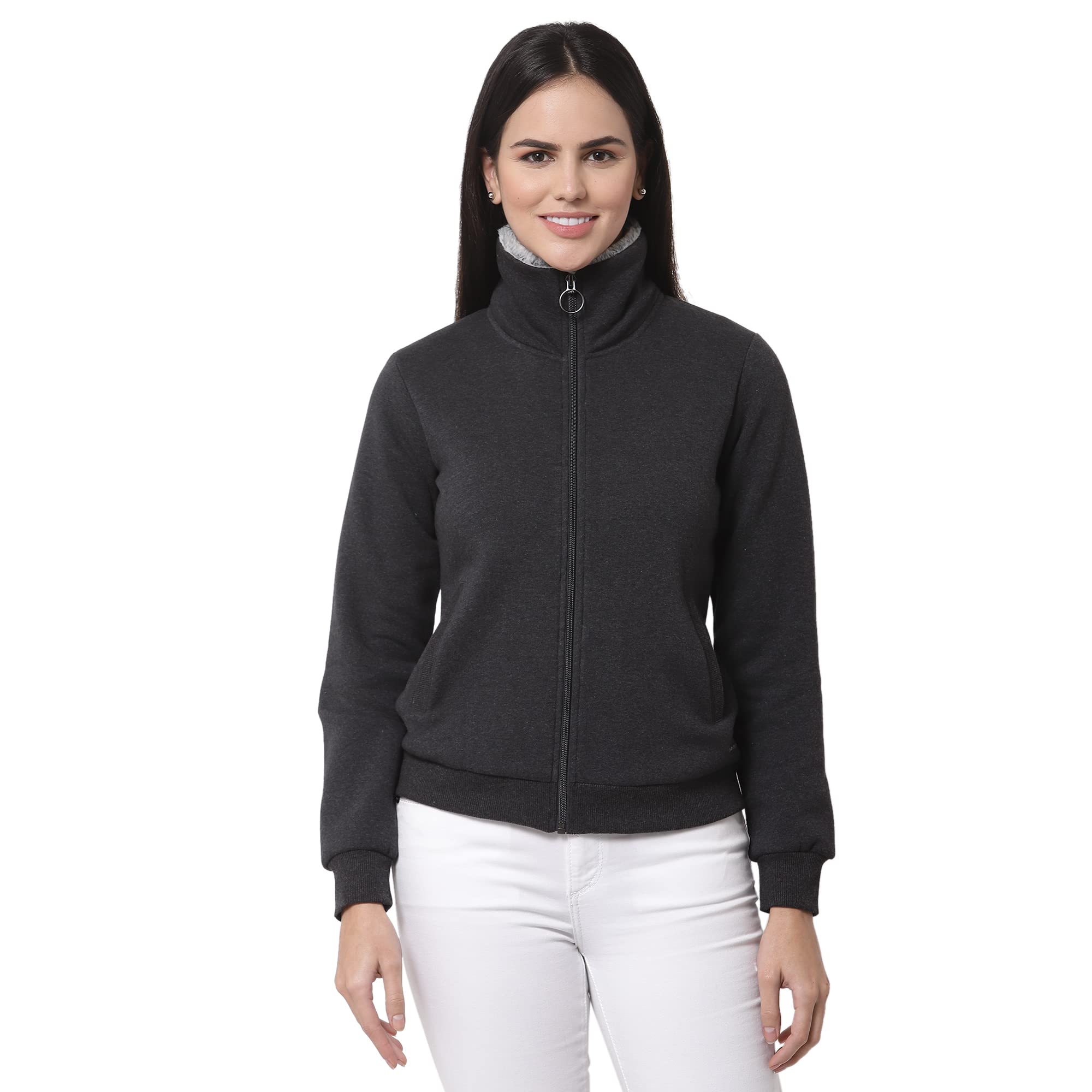 Juelle Women Solid Grey High Neck Fleece Sweatshirt