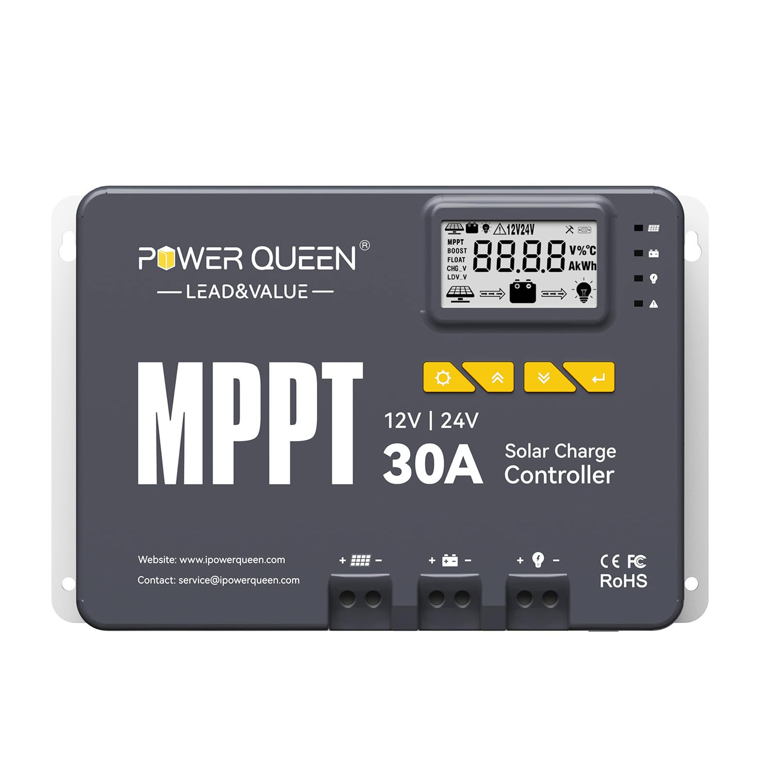 Power Queen 12/24 V 30A MPPT Regolatore di carica solare, potenza di ingresso max. 900 W, modulo Bluetooth integrato, display LCD, standard per batteria LiFePO4 e compatibile con batterie sigillate al
