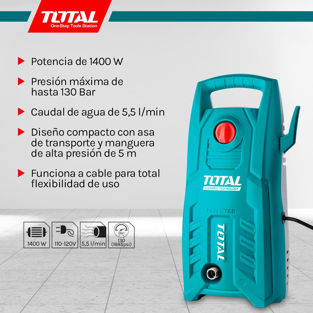 Total - Hidrolimpiadora de Agua a Presión - Potencia de 1400 W - Motor de Escobillas de Carbón - con Manguera de 5 m y Cable - Presión Máxima de 130 Bar