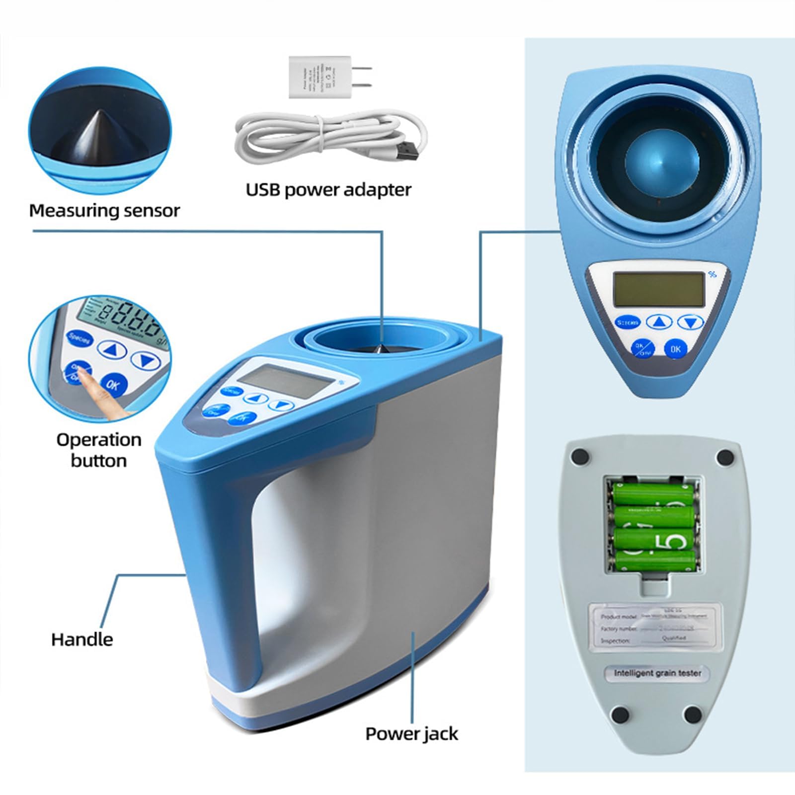 Tester portatile di umidità per cereali, 35 in 1 metro, per semi, riso, mais, grano, misurazione del peso e della temperatura, per agricoltori
