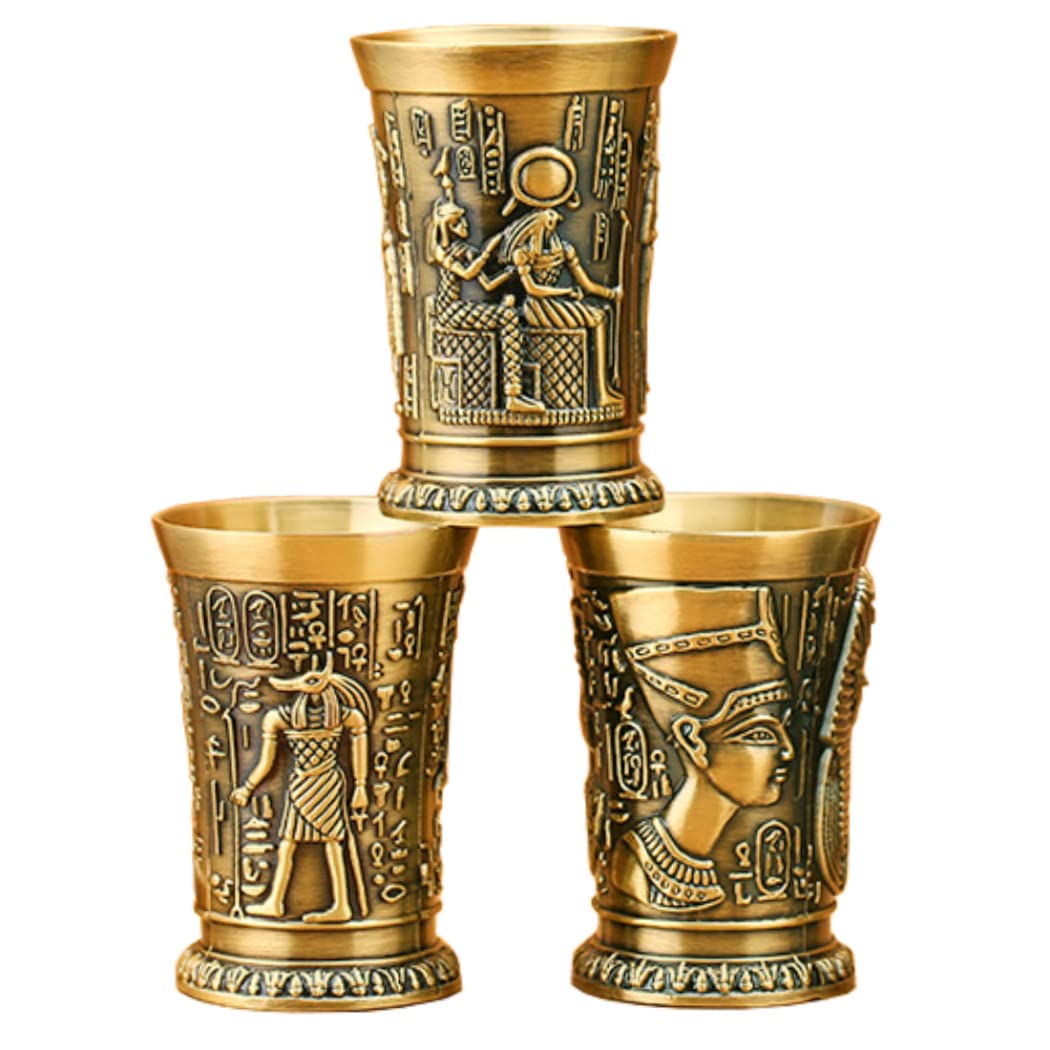 DaZhan Retro Egyptian Chalice Goblet, Vintage Metal Relief Shot Glass - Egypt Embossed Wine Liquor Cups 1oz for Home Decor ABC 3Pcs/Set