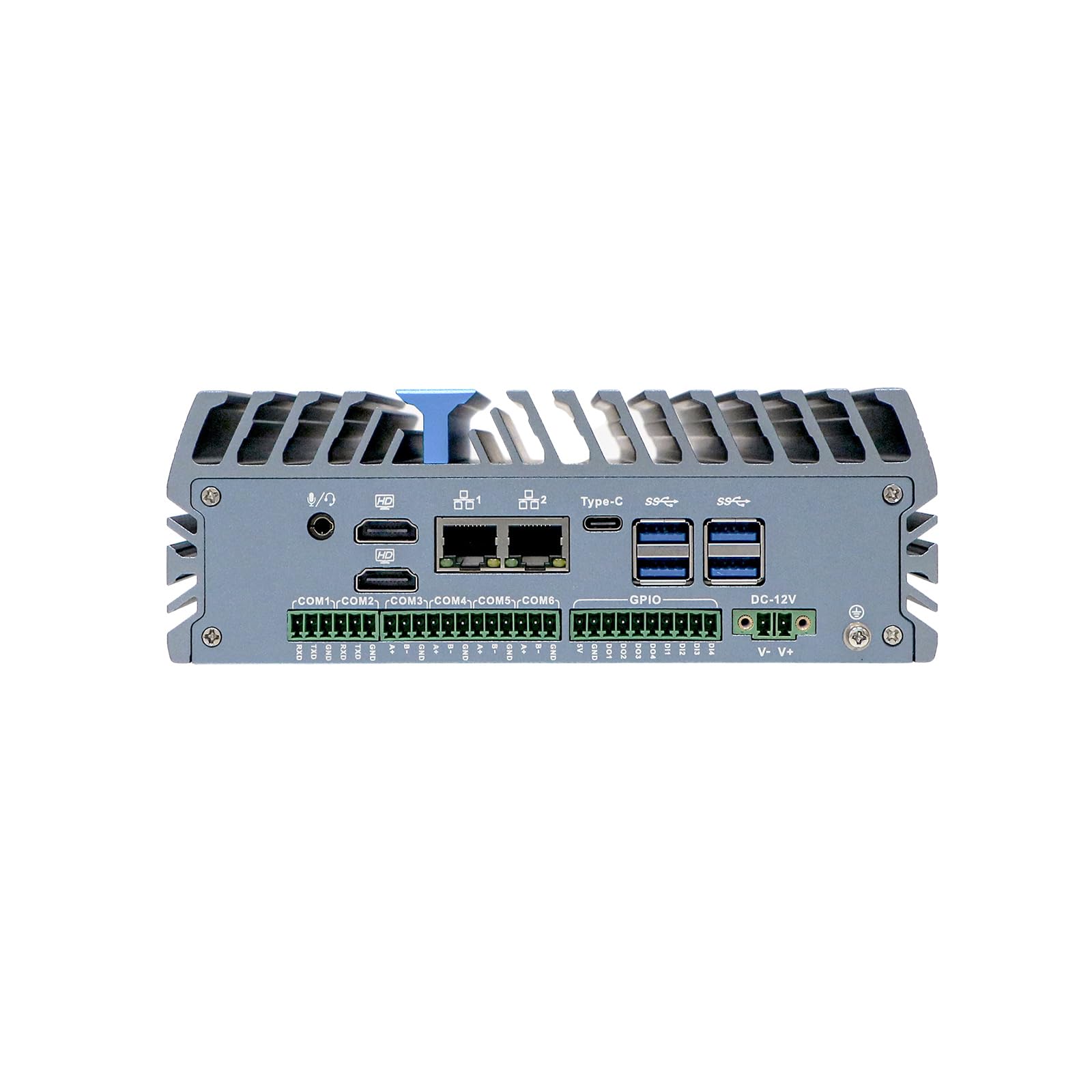 Base DIN Rail Industrial Embedded Computer, N100, Windows 11 / Linux Ubuntu, IX19, 2 x HDMI, 2 x LAN, 12V 2-pin Phoenix Terminal, Expandable CAN COM GPIO, 16G RAM, 256G SSD