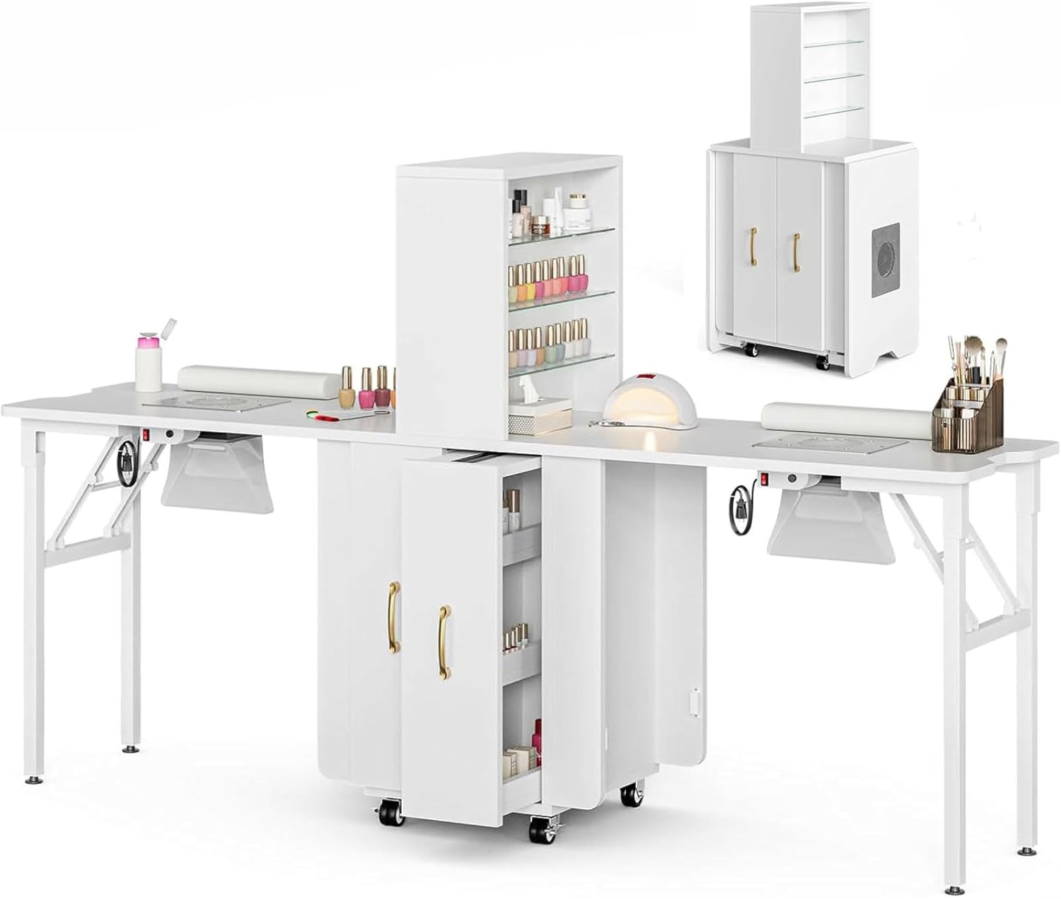 Dual-Station Nail Table Desk Foldable, 2 Desktop Folding Manicure Table Nail Workstation w/Dust Collector, Lockable Wheels, Two Glass Open Shelves & Vertical Drawers, Wrist Cushion