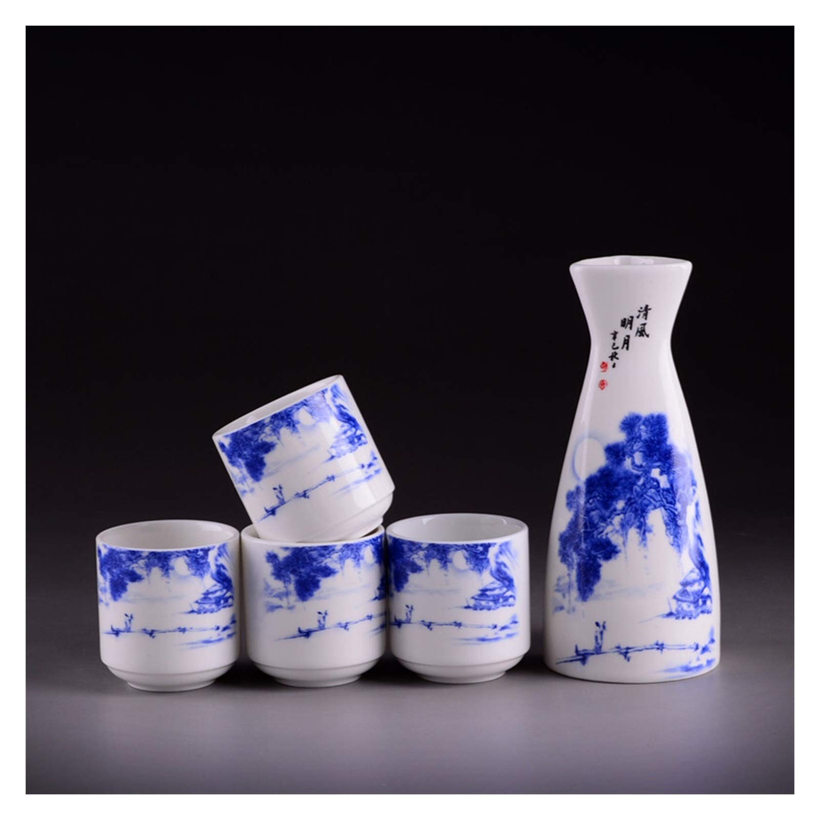 5Pcs / Set Ceramic Wine Set Japanese Sake Set Vintage Wine Bottle Flagon Liquor Spirits Cup Drinkware Cups Bar Set for Home Gifts (Color: 1Pot4Cup mingyue)