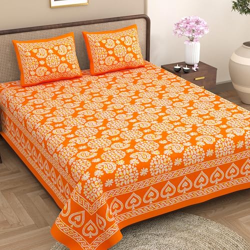 Image of Opulent Collection Double Bedsheet with 2 Pillow Cover | 100% Cotton Bedsheets for Double Bed | Handloom Bedsheet | Size 86x90 inches | King Size (90X102 Inches) (Mango Tango, King)