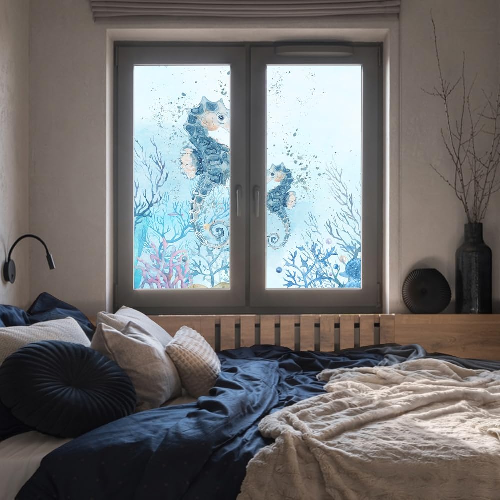 Cute Underwater Cartoon Seahorse Window Film,Rustic Boys Girls Room Ocean Animal Coral Seahorse Suitable for Living Room,Kitchen,Bathroom-35.4W x78.7L in x2Pcs