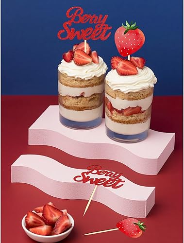 Miniatura 4 de 24 piezas de decoración para cupcakes de fresa con purpurina y bayas dulces para temática de bayas y fresas para niños, cumpleaños, fiesta de