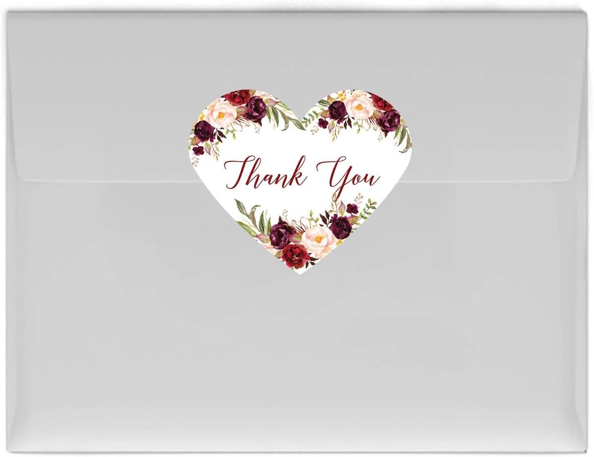 Andaz Press Fall Autumn Burgundy Maroon Floral Flowers Party, Heart Label Stickers, Thank You, 30-Pack, Party Favors Decor Ideas