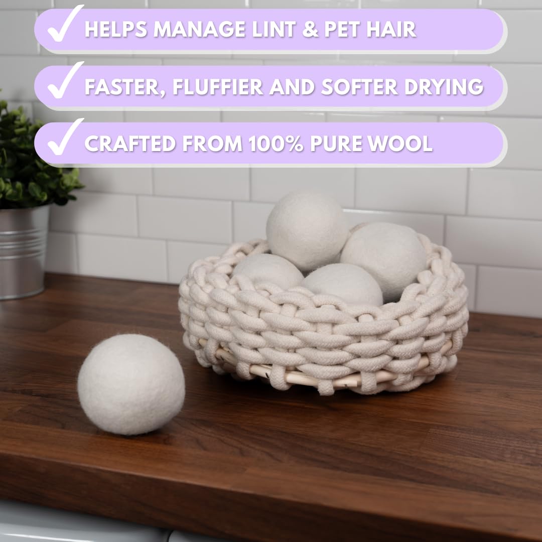 Bolas secadoras de lana perfumadas (paquete de 6) suavizante natural reutilizable con aroma a lavanda XL, reduce las arrugas de la ropa y ahorra tiempo de secado. Aroma de aceite esencial de