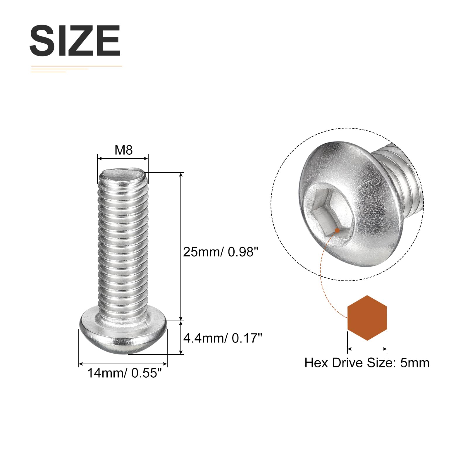 DTGN M8-1.25x25mm Button Head Socket Cap Screws, 10Pack, Good for Machine, 304 Stainless Steel 18/8 - Image 2